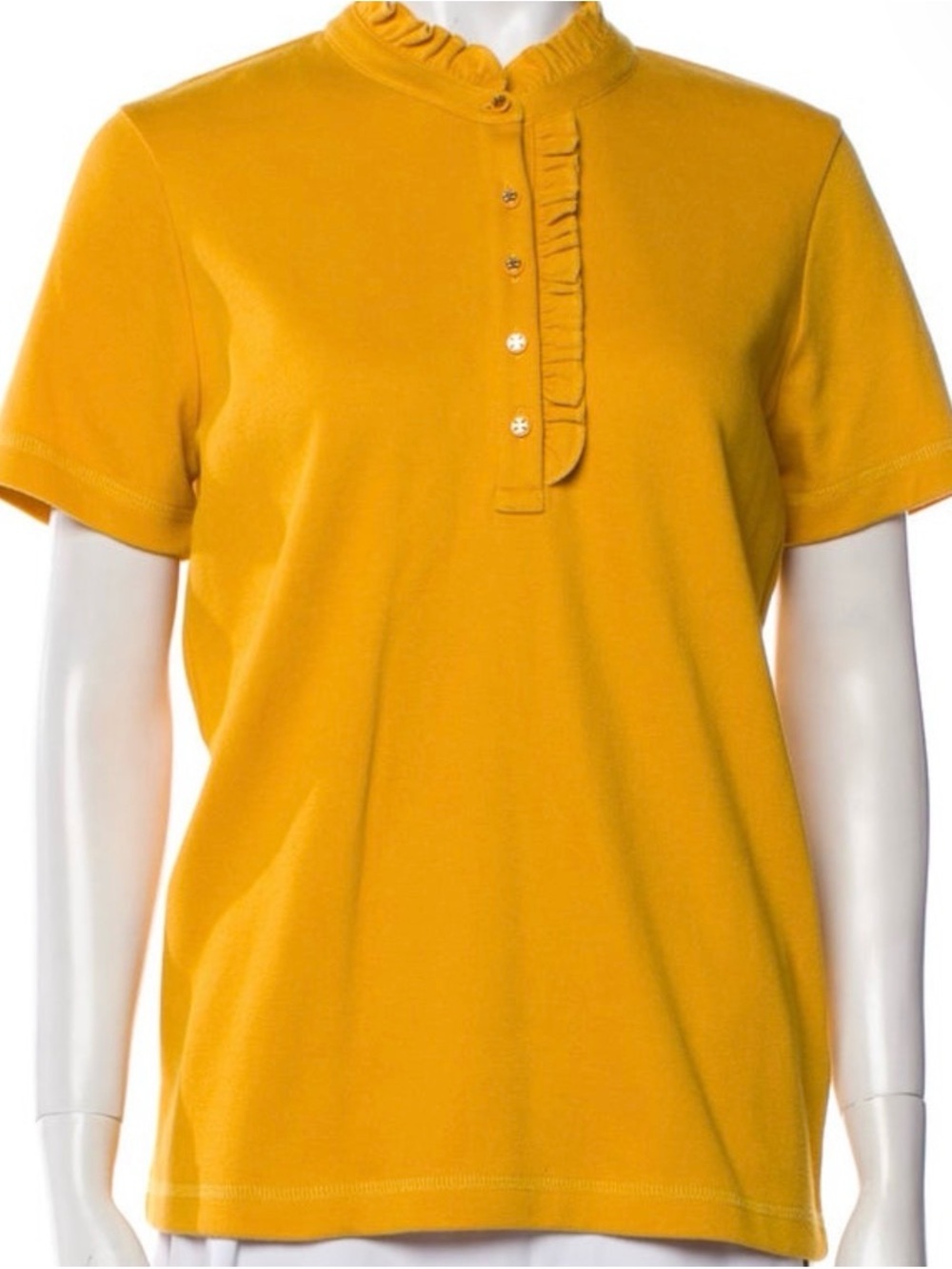 Tory Burch Mustard Yellow Ruffle Mandarin Collar Polo Top Size XL